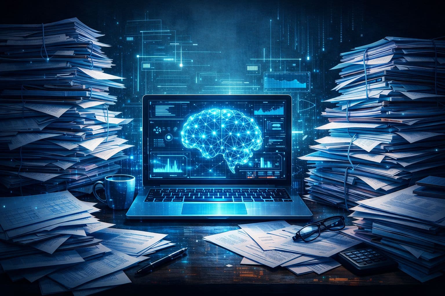 AI-powered contract analysis dashboard surrounded by construction documents
