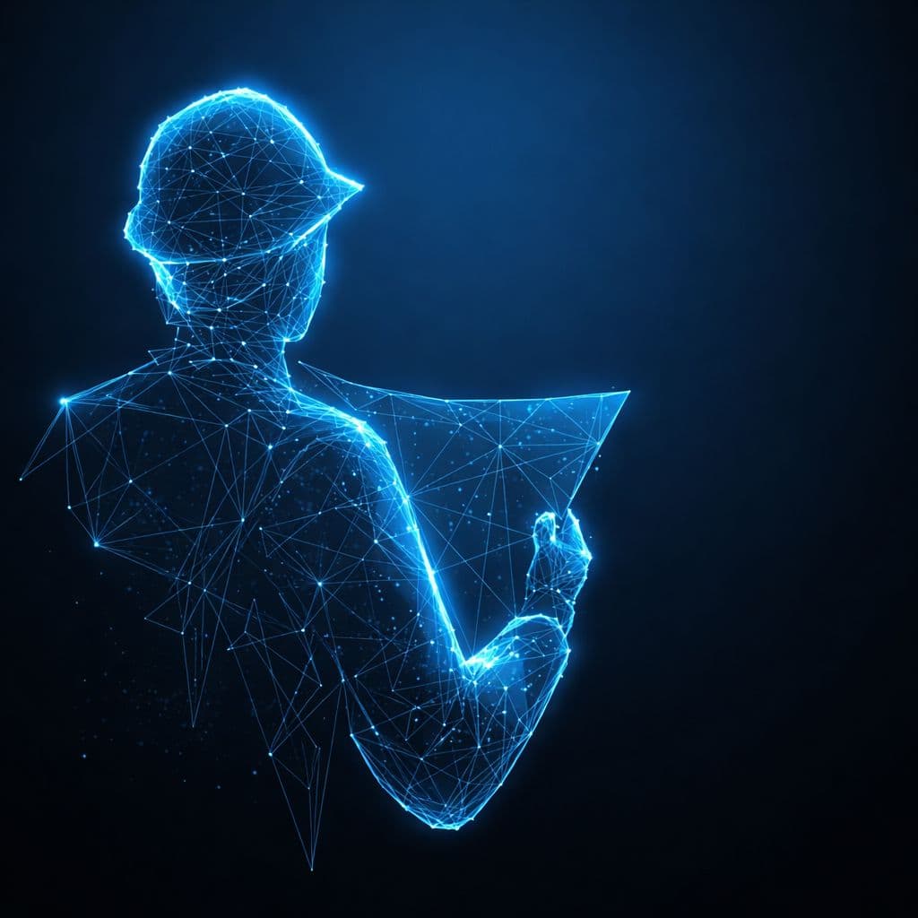 Digital wireframe construction worker reviewing contract documents